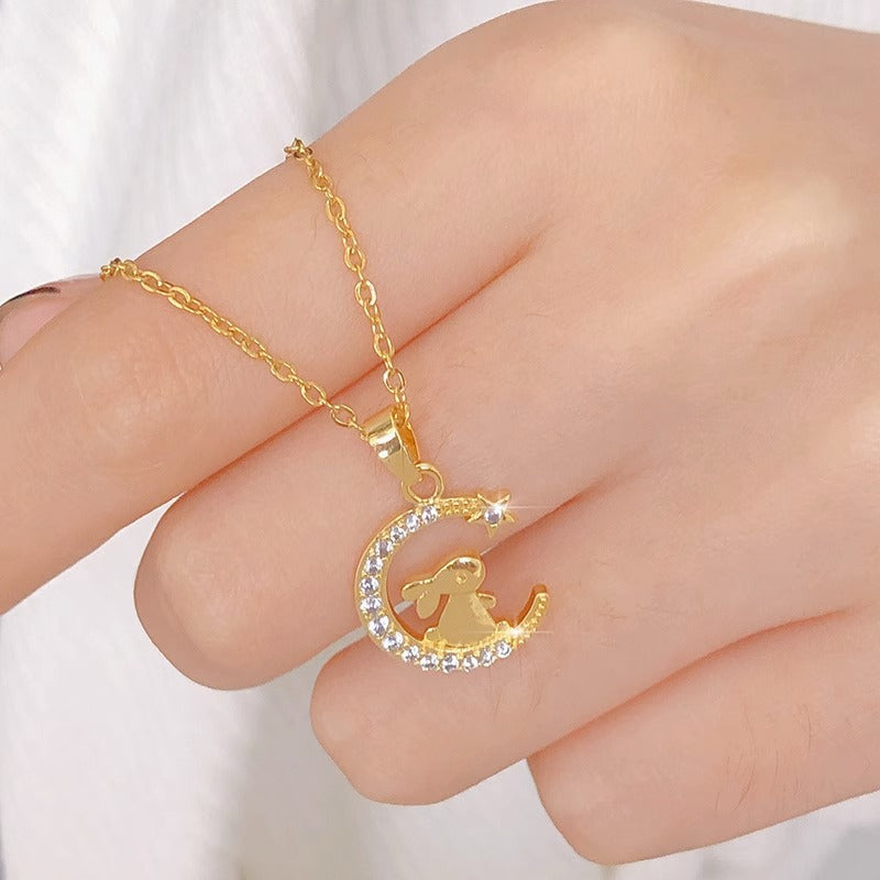 Minimalist Moon and Rabbit Pendant Necklace in Titanium Steel with Gold Plating for Women