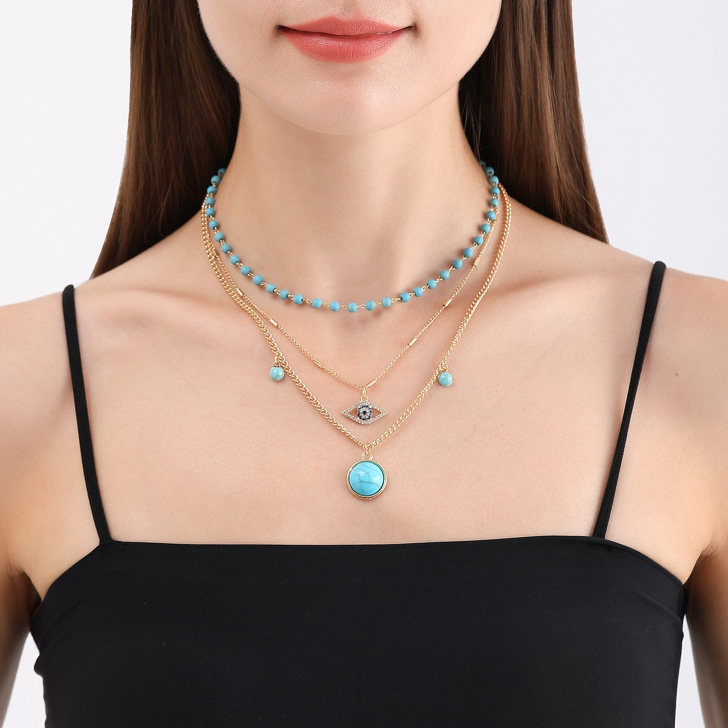 Vintage Bohemian Turquoise Pendant Necklace for Women Geometric Alloy Locket with Plated Finish