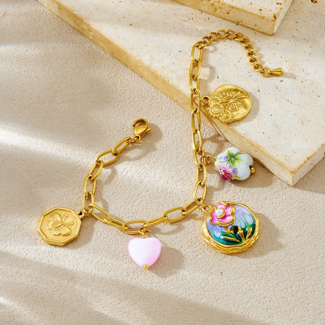 Vintage Elegant Gold Plated Enamel Round Flower Butterfly Stainless Steel Necklace and Bracelet Set for Women