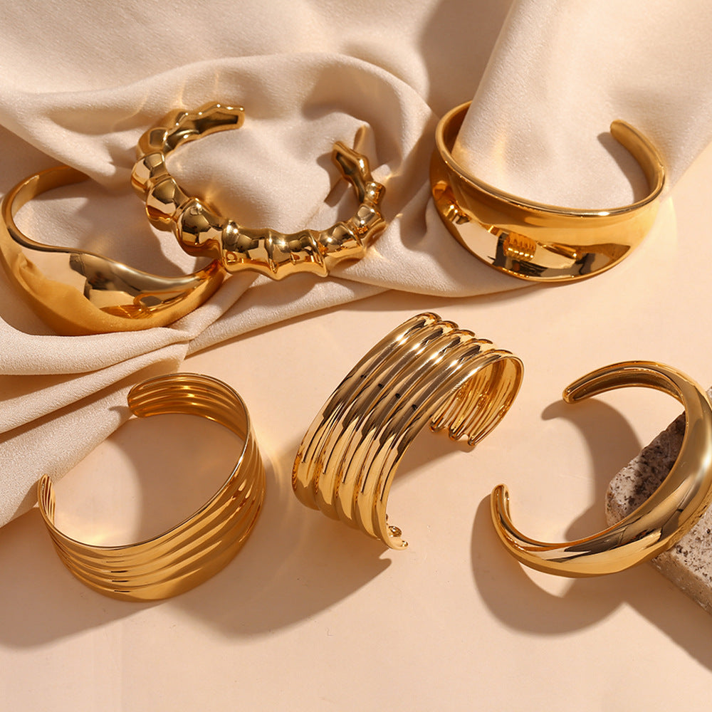 Minimalist Geometric Stainless Steel Plated 18K Gold Bamboo-Shaped Open Bangle Bracelet for Women