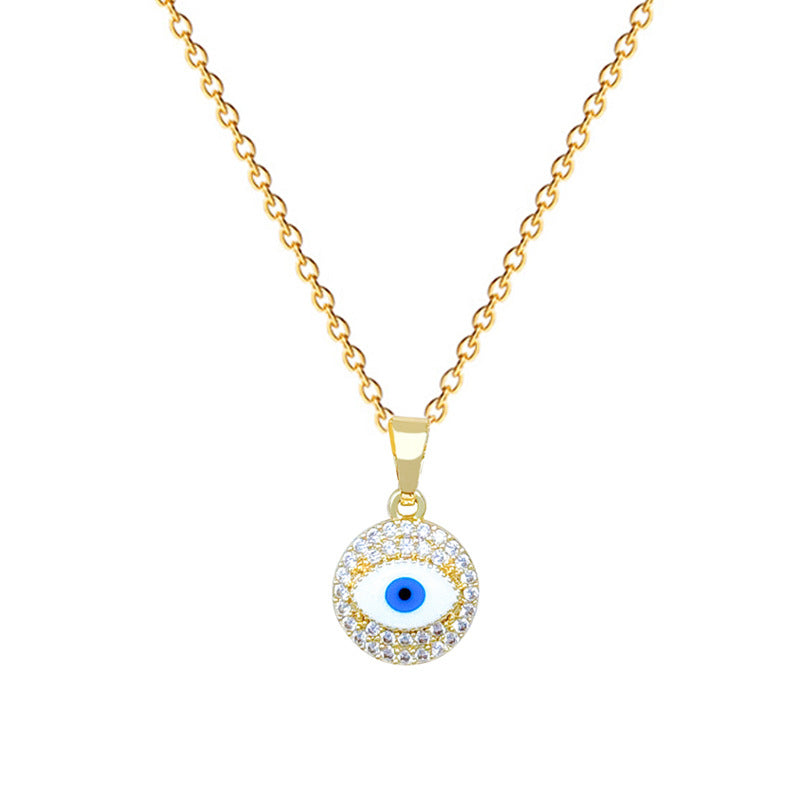 Sweet Geometric Moon Evil Eye Rhinestone Pendant Necklace Titanium Steel Chain for Unisex
