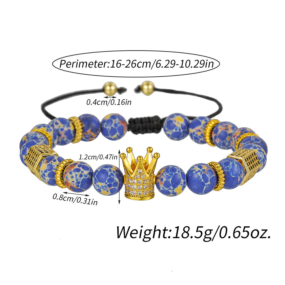 8mm Matte Black Turquoise Cubic Zirconia Crown Bracelet Adjustable Unisex Brass Jewelry