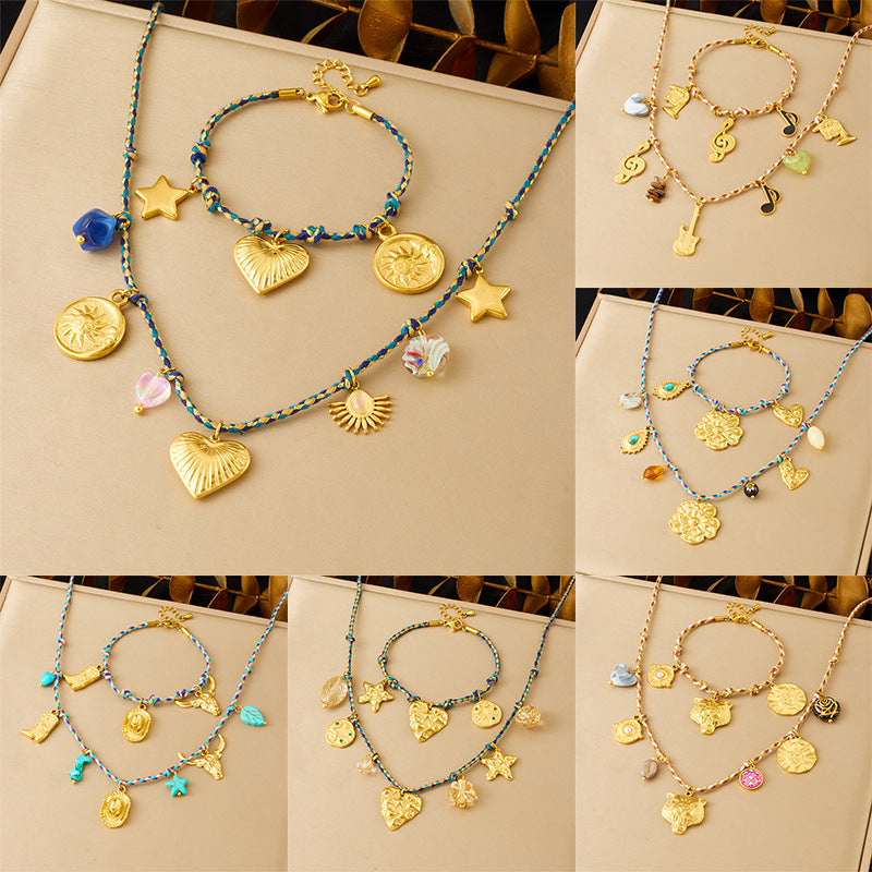 Bohemian Vintage Gold Plated Stainless Steel Rope Chain Floral Pendant Jewelry Set