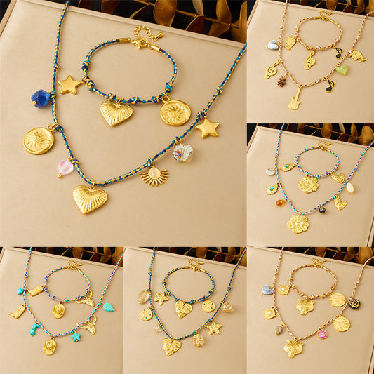Bohemian Vintage Gold Plated Stainless Steel Rope Chain Floral Pendant Jewelry Set