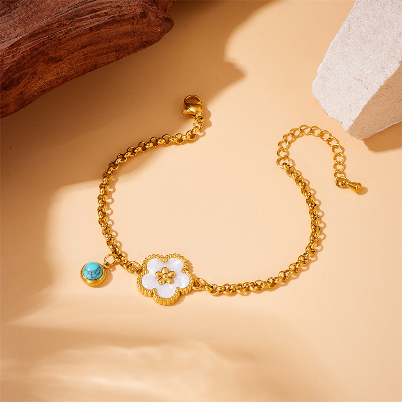 Vintage-Inspired Floral Five-Petal Flower Turquoise Shell Bracelet with Gold-Plated Stainless Steel Chain