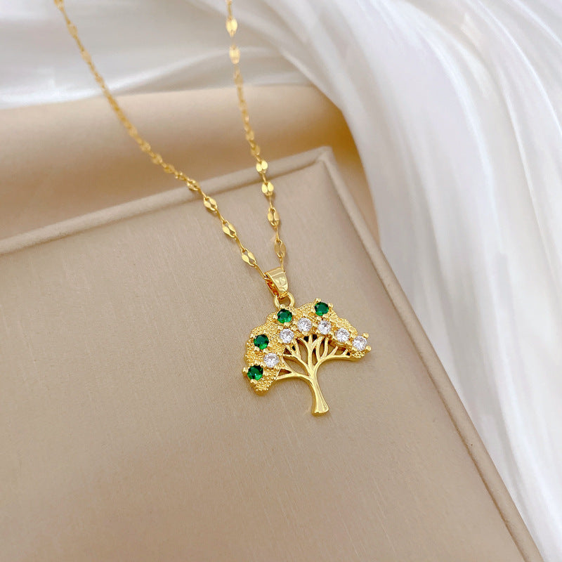 Minimalist Geometric Tree of Life Pendant Necklace in Stainless Steel with Rhinestone Accents for Women and Men