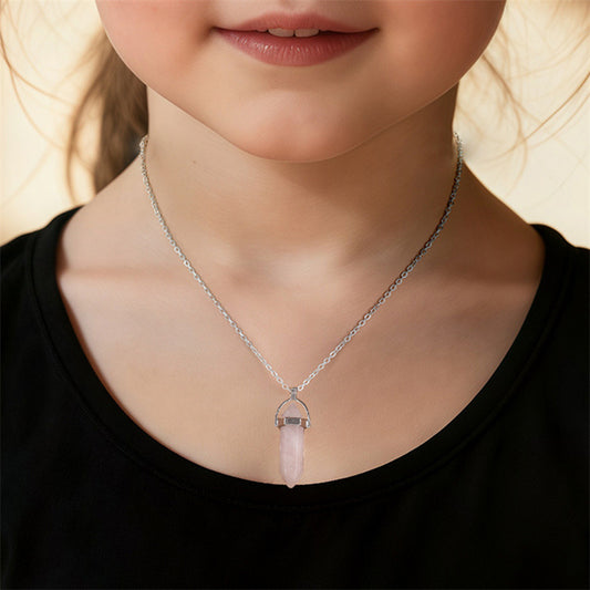 Minimalist Geometric Rhombus Blue Pink Hexagonal Prism Pendant Necklace Set for Children with Alloy Construction and Enamel Finish