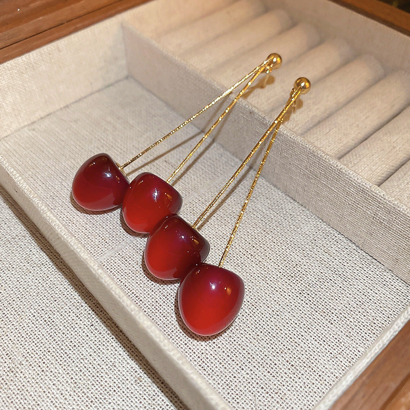 Elegant Geometric Dangle Stud Earrings for Women with Red Tassels, Alloy Base and Gold Plated Finish