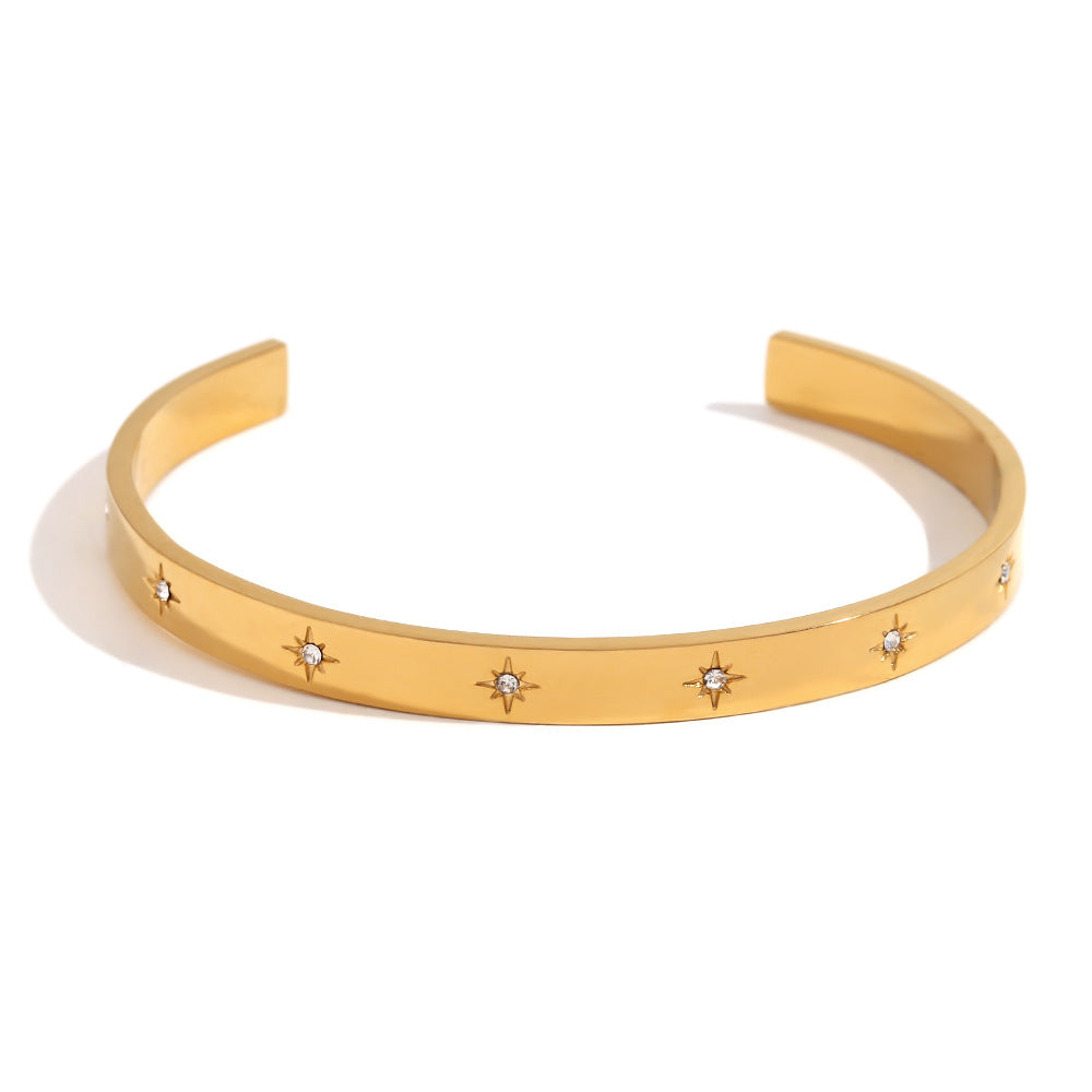 Vintage Minimalist Stainless Steel Plated 18K Gold Open Octagram Zirconia Bracelet