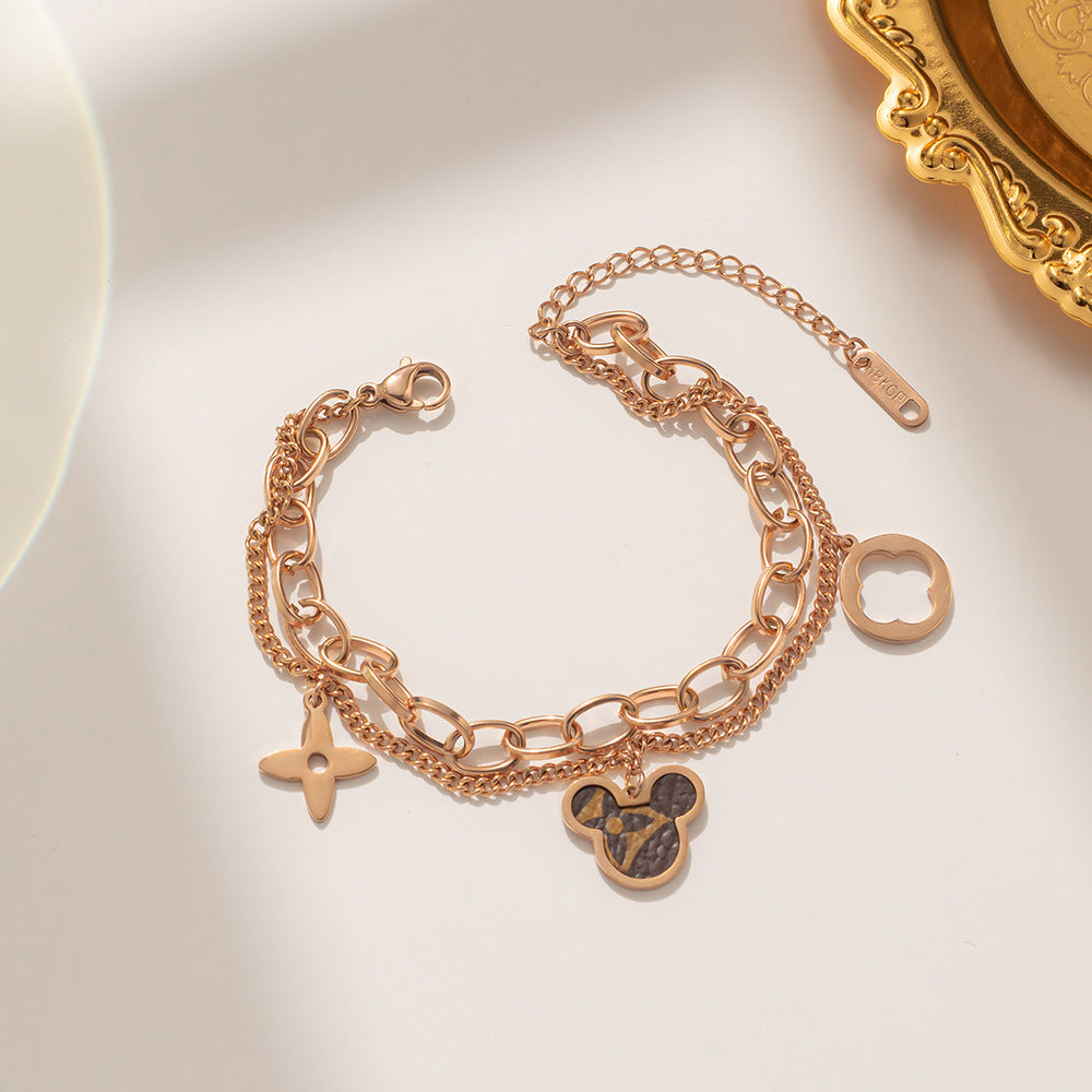 Pulsera de Doble Capa de Acero de Titanio Minimalista con Diseño de Mickey Mouse de Dibujos Animados para Mujer con Acabado Chapado