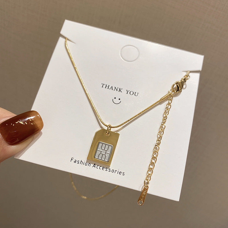 Minimalist Creative Design Titanium Steel Pendant Necklace for Women Square Geometric Electronic Card Holder with Electroplated Finish