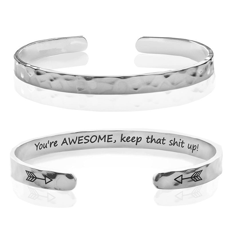 Minimalist Stainless Steel Engraved Open Moon Surface Textured Hammered Bracelet