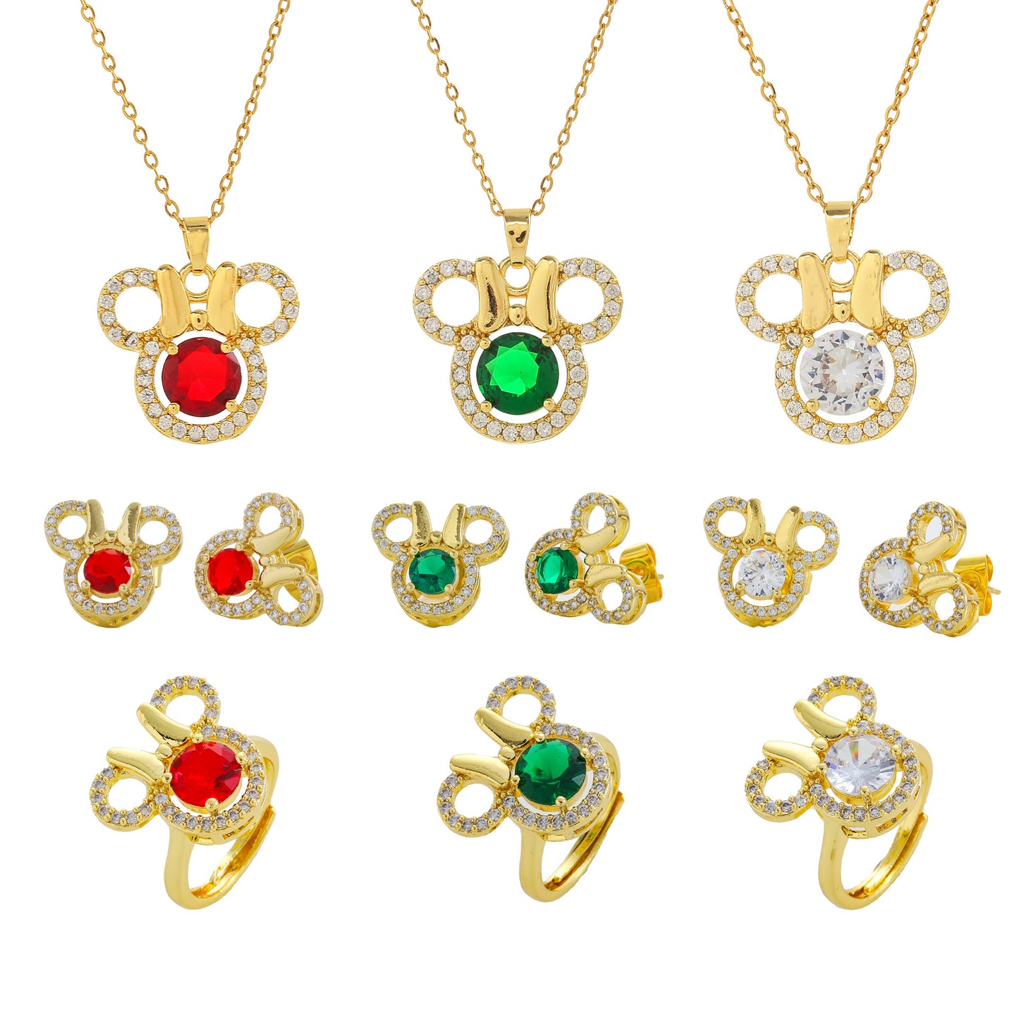Set di collane di lusso da donna a tre pezzi con farfalla e Mickey, con catena in acciaio al titanio, intarsio di strass e catena a O