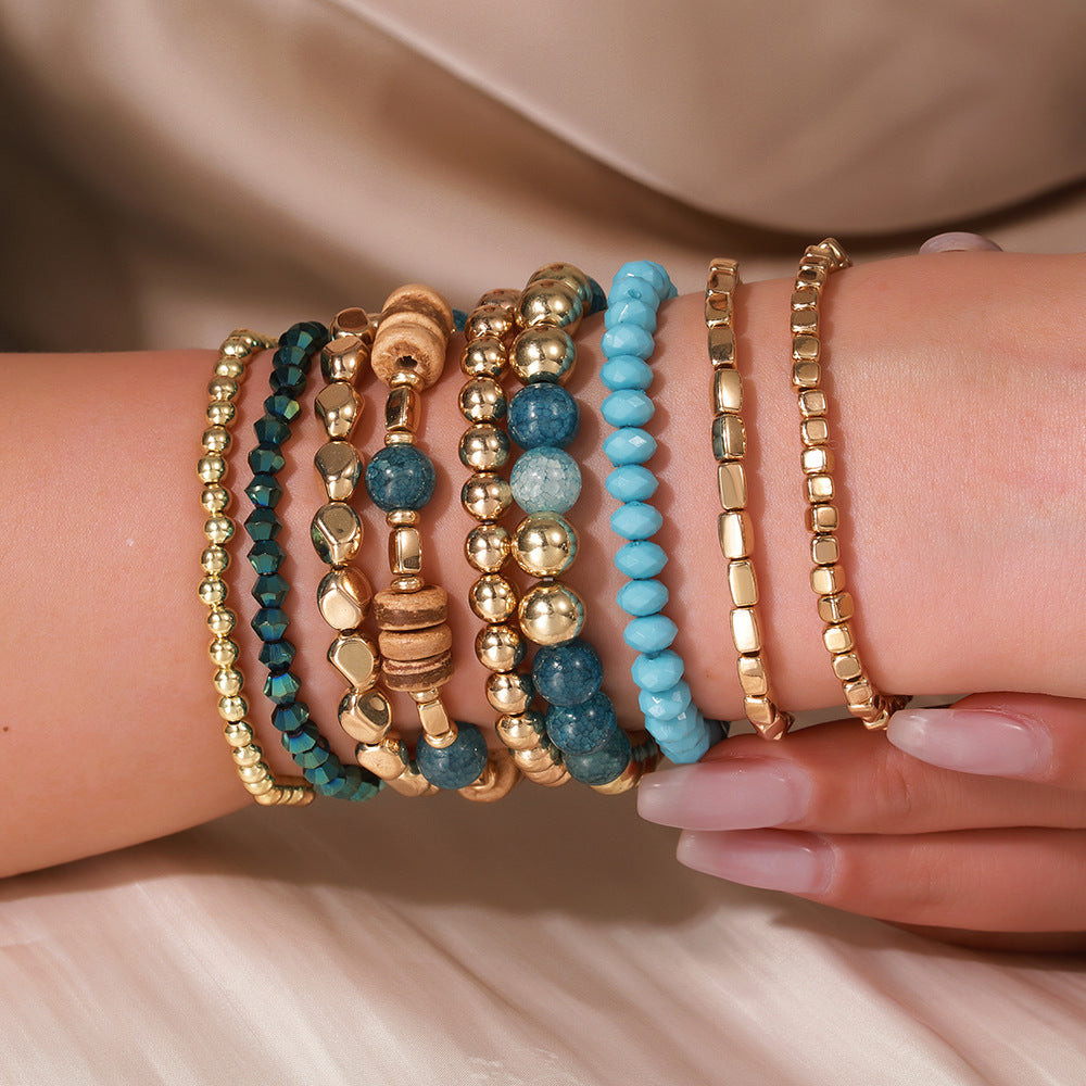 Bohemian Handmade Geometric Round Wood Glass Resin Beaded Bracelet Set for Women