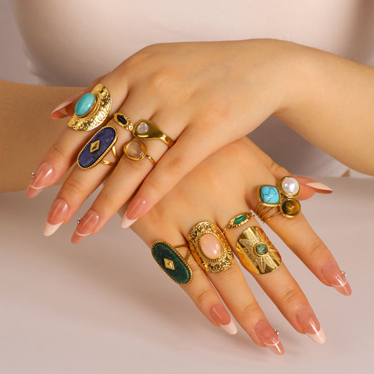 Geometric Stainless Steel Ring with Natural Turquoise and Tiger Eye Stones Electroplated Vintage-Inspired Unisex Hand Jewelry
