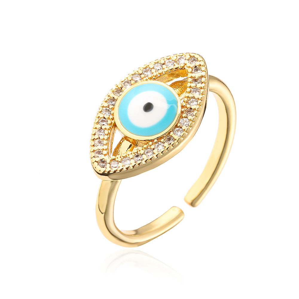Fashion Geometric Open Ring for Women with Enamel Finish and Zircon Inlay in Copper Plated with Real Gold