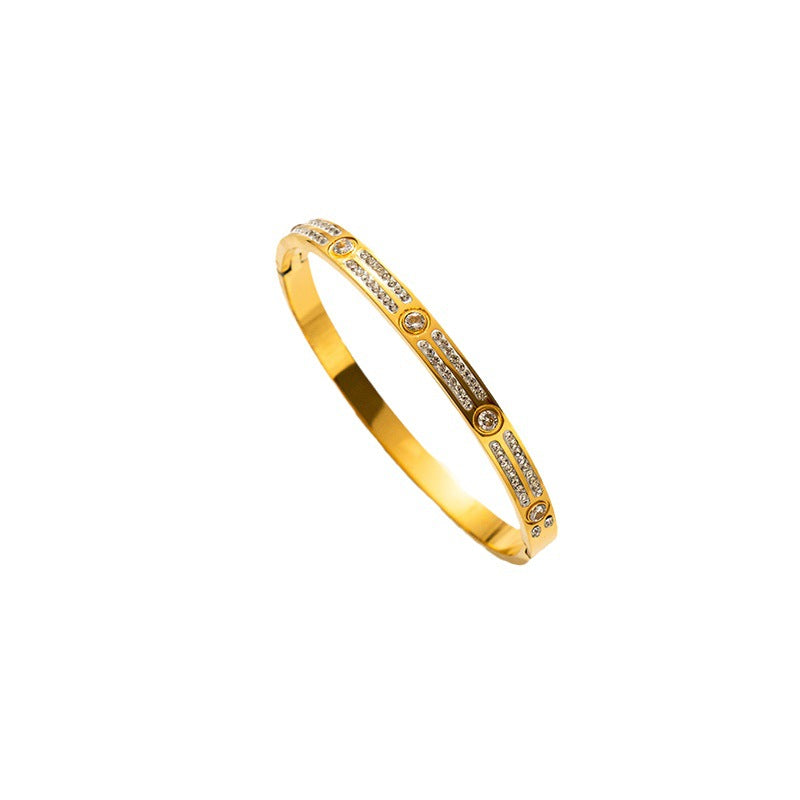 Minimalist Geometric Round Full-Pavé Titanium Steel Bracelet with Micro-Set Rhinestones and Vacuum Plating Finish