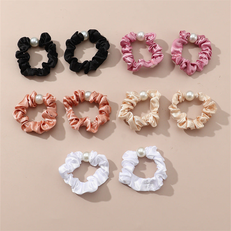 Minimalist Pearl-Embellished Satin Hair Ties Set for Kids with High Elasticity and Solid Colors