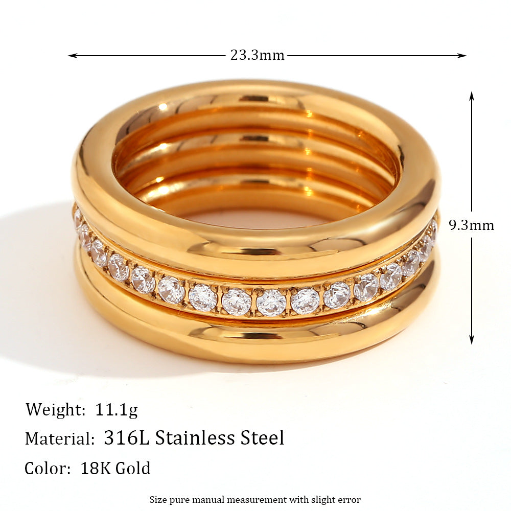 Fashionable Minimalist Geometric Stainless Steel Plated 18K Gold Zircon Ring Set for Women