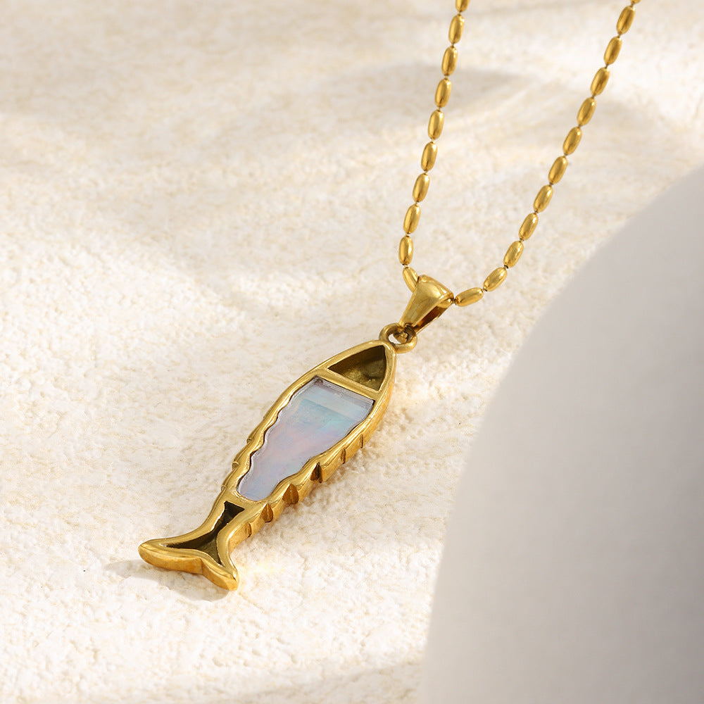 Luxury 18K Gold Plated Geometric Fish Checkered Stainless Steel Pendant Necklace for Women