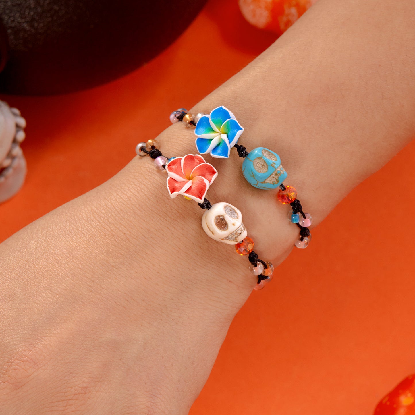Dark Gothic Style Resin Handmade Halloween Bracelet for Women with Skull and Pumpkin Motifs