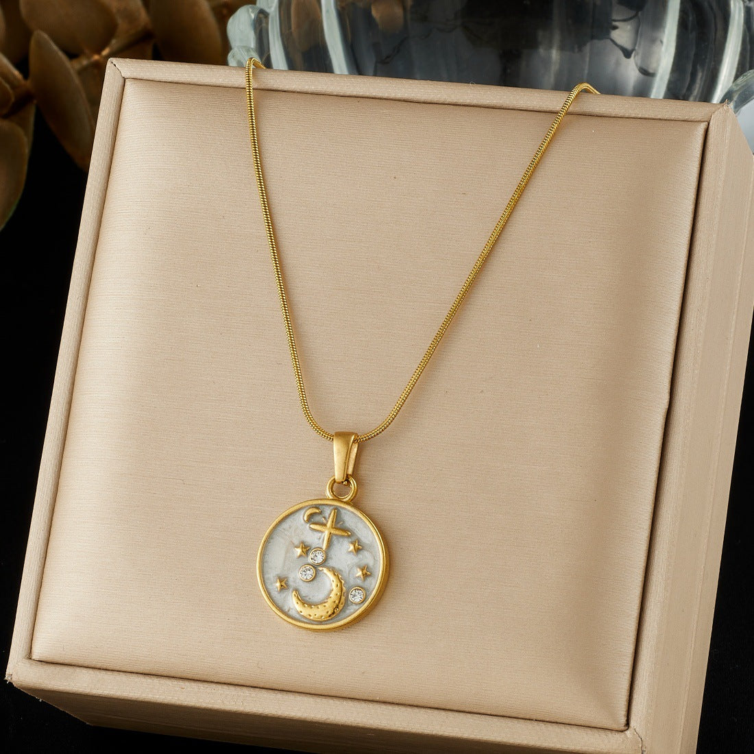 Sweet Round Star and Moon Drip Oil Plated Stainless Steel Pendant Necklace Set for Women