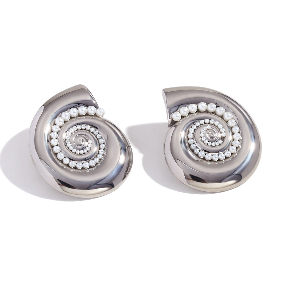 Geometric Irregular Fashion Earrings in Stainless Steel with 18K Gold Plating Featuring Spiral Seashell Design and Simulated Pearl Accents