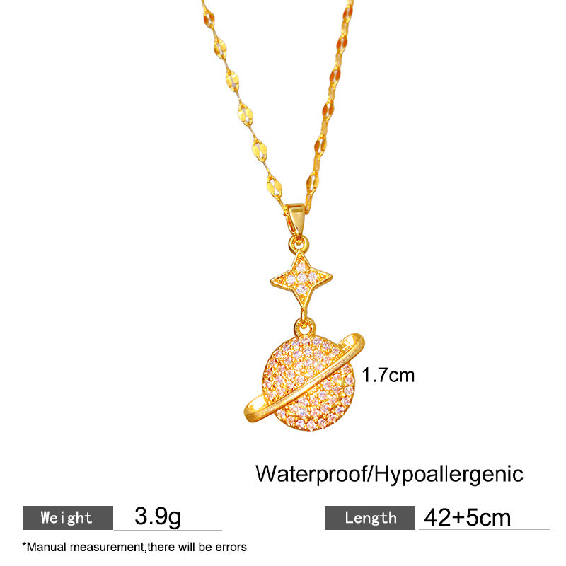 Minimalist Sweet Gold Plated Titanium Steel Planet Star Rhinestone Necklace for Unisex