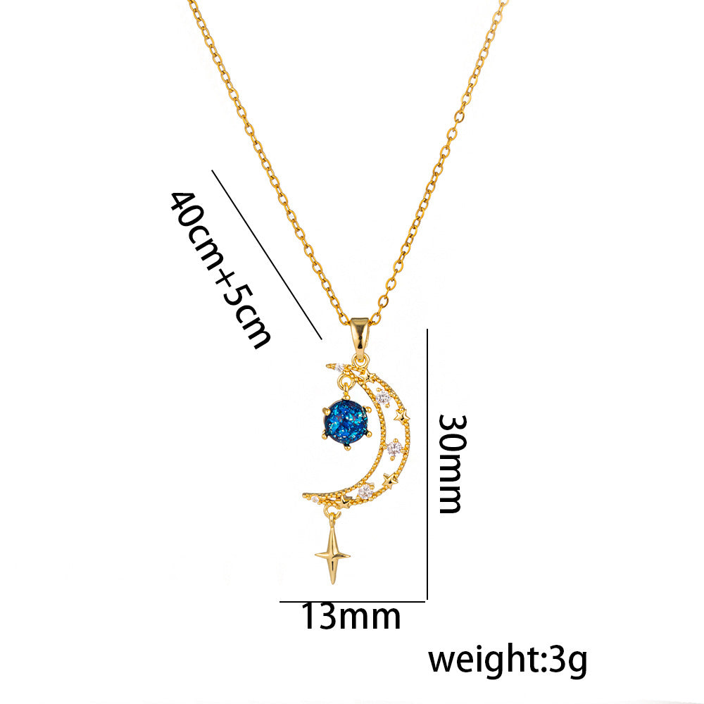 Minimalist Star and Moon Pendant Necklace for Women in Titanium Steel with Rhinestone Inlay and Plated Finish