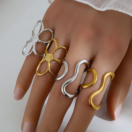 Sweet-Edgy Floral Open-Style Titanium Steel Ring and Stainless Steel Earrings with Plated Finish
