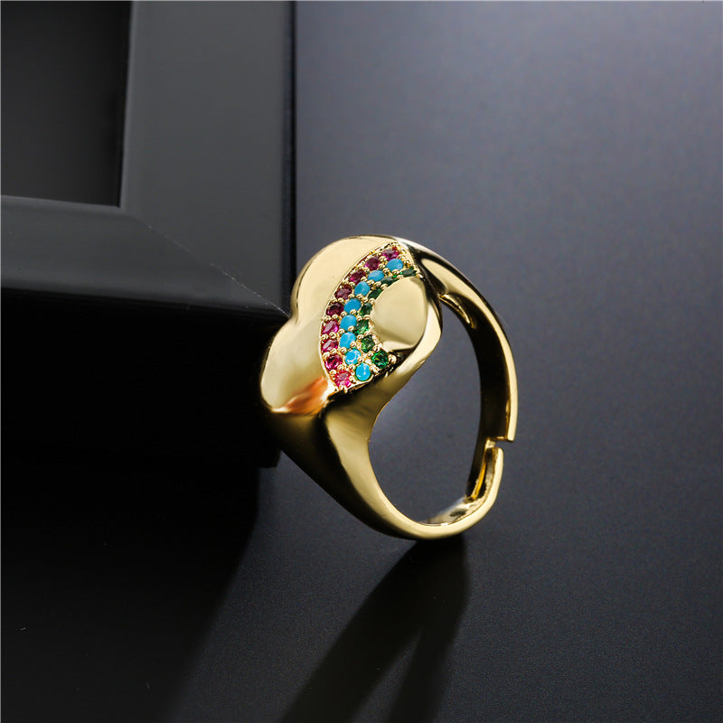 18K Gold Plated Brass Heart Ring with Micro-Inlay Rainbow Cubic Zirconia for Women