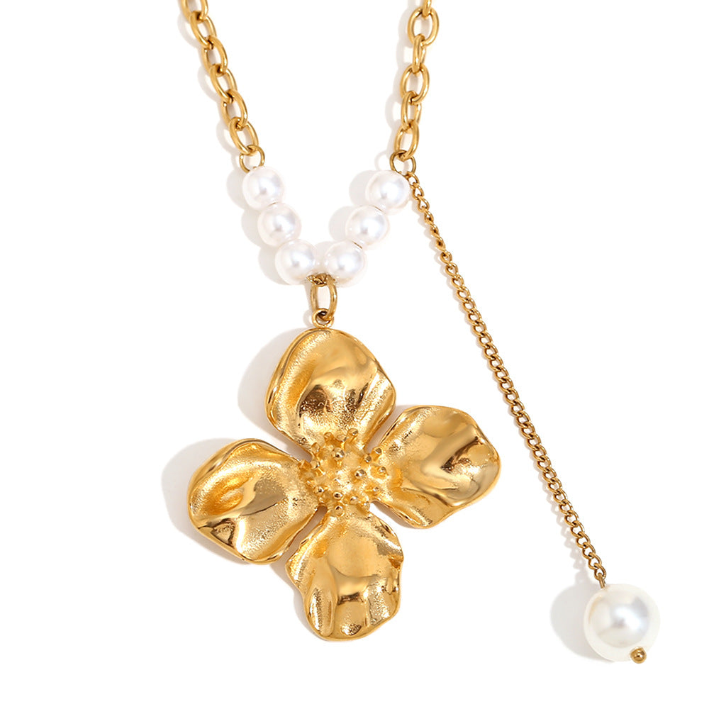 Vintage Floral Geometric Pendant Necklace for Women Stainless Steel with 18K Gold Plating and Simulated Pearl Accents