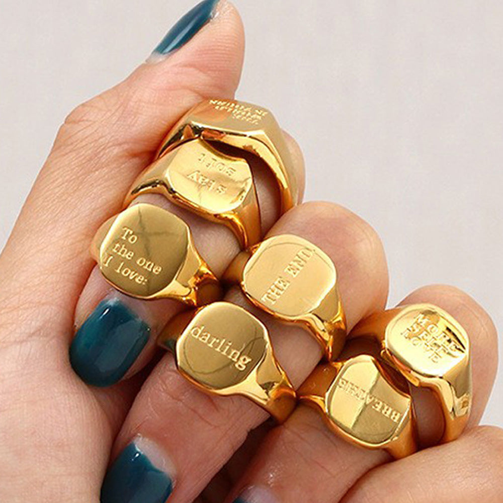 Minimalist Letter-Shaped Titanium Steel Ring with 18K Gold Plating for Women