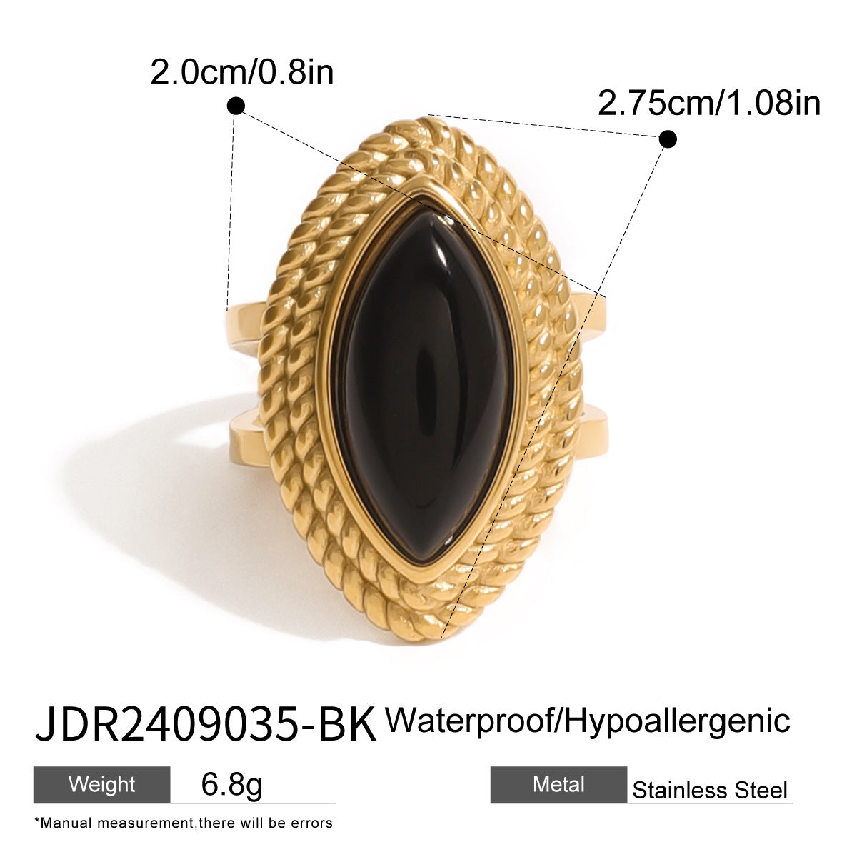 Exaggerated Vintage 18K Gold Plated Stainless Steel Black Onyx Open Ring for Women