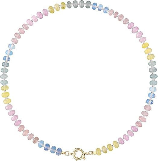 Sweet 8mm Natural Stone Bead Necklace Stainless Steel Geometric Round Ball Chain for Women