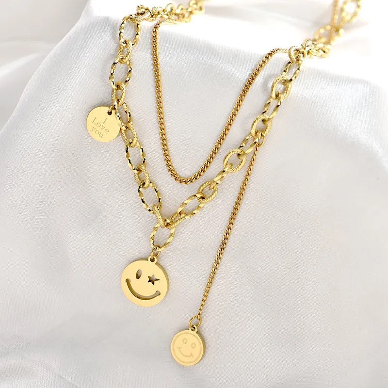 Cute Geometric Smiley Face Double-Layer Titanium Steel Necklace for Women with Plated Finish and Cross Chain Style