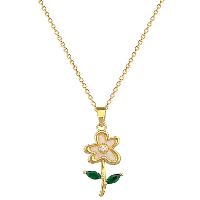 Collar con Colgante de Hoja, Concha y Flor de Acero Titanio de Lujo para Mujer con Incrustaciones de Diamantes de Imitación, Diseño Geométrico, Delicada Cadena de Clavícula
