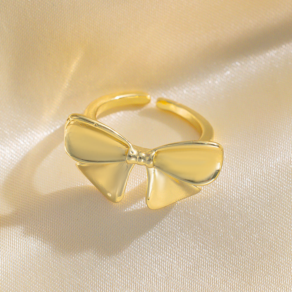 Minimalist Bow-Shaped Ring for Women in Copper with 18K Gold Plating, Adjustable Open Band Design