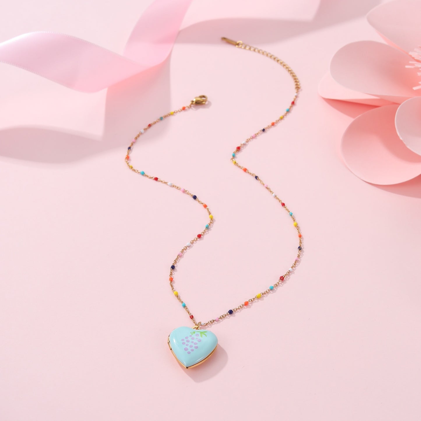 Cute Dopamine-Inspired Heart and Fruit Pendant Necklace in Stainless Steel with Gold Plating, Fashionable Minimalist Jewelry for Women