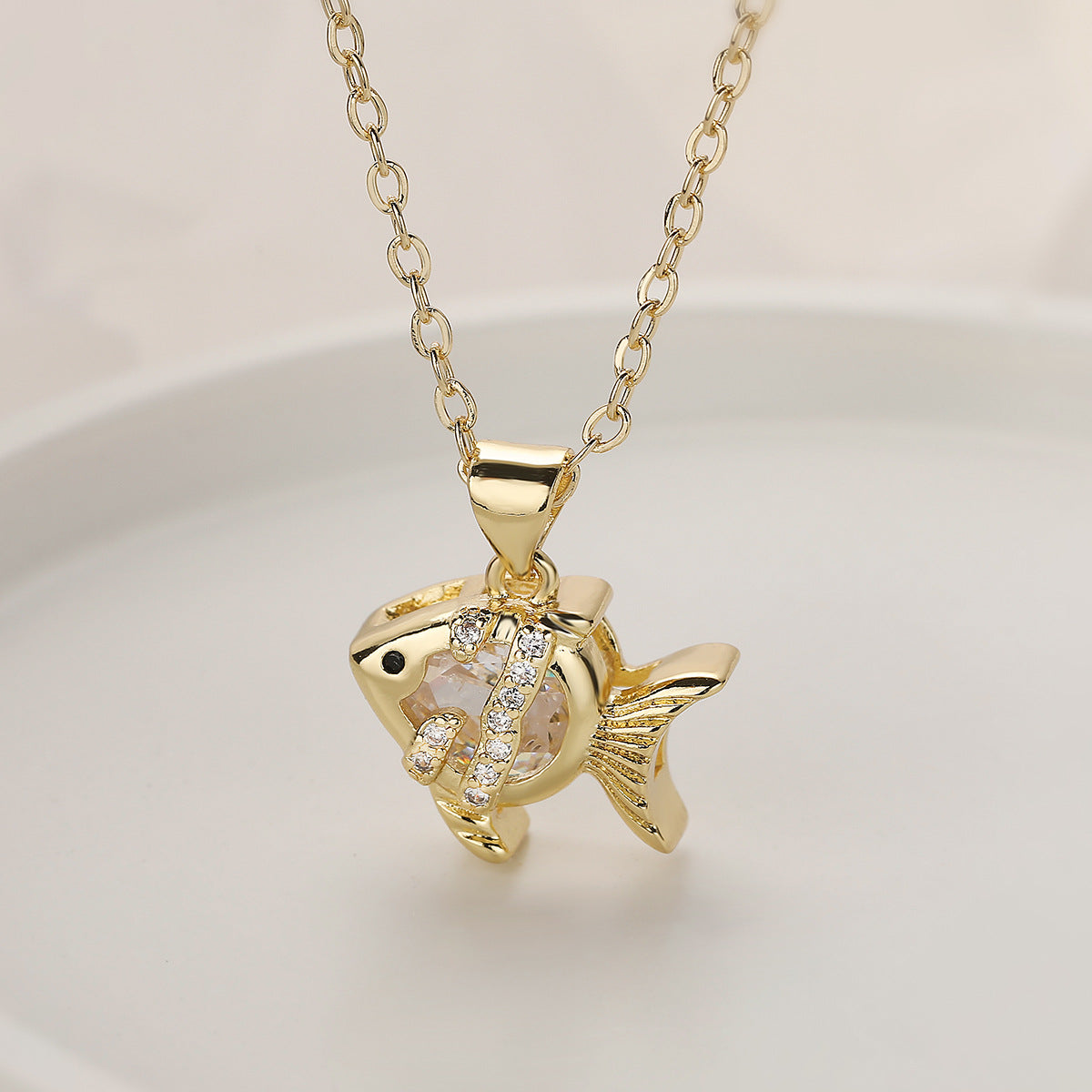 Minimalist Gold Plated Brass Geometric Fish Pendant Necklace with Cubic Zirconia for Women
