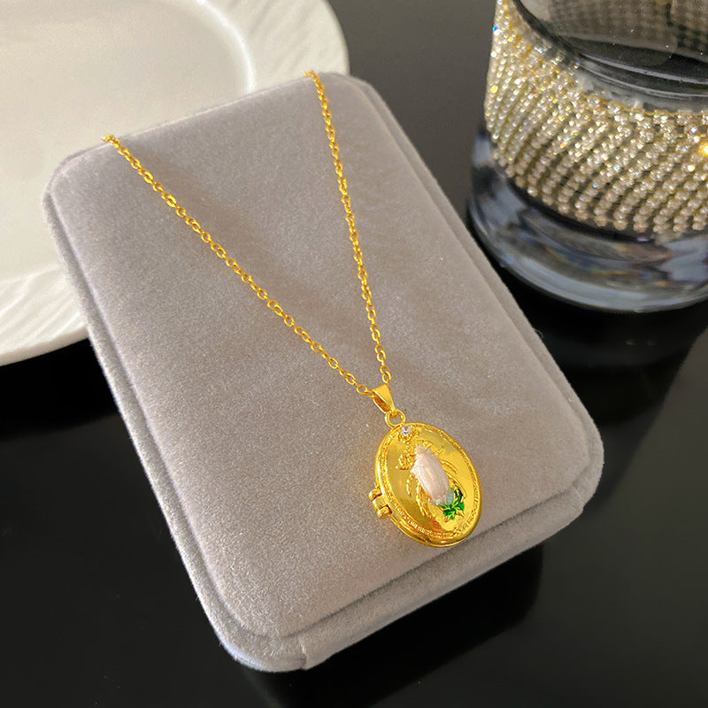 Vintage Enamel Drip Oil Oval Heart Brass Pendant Titanium Steel Necklace Cable Chain