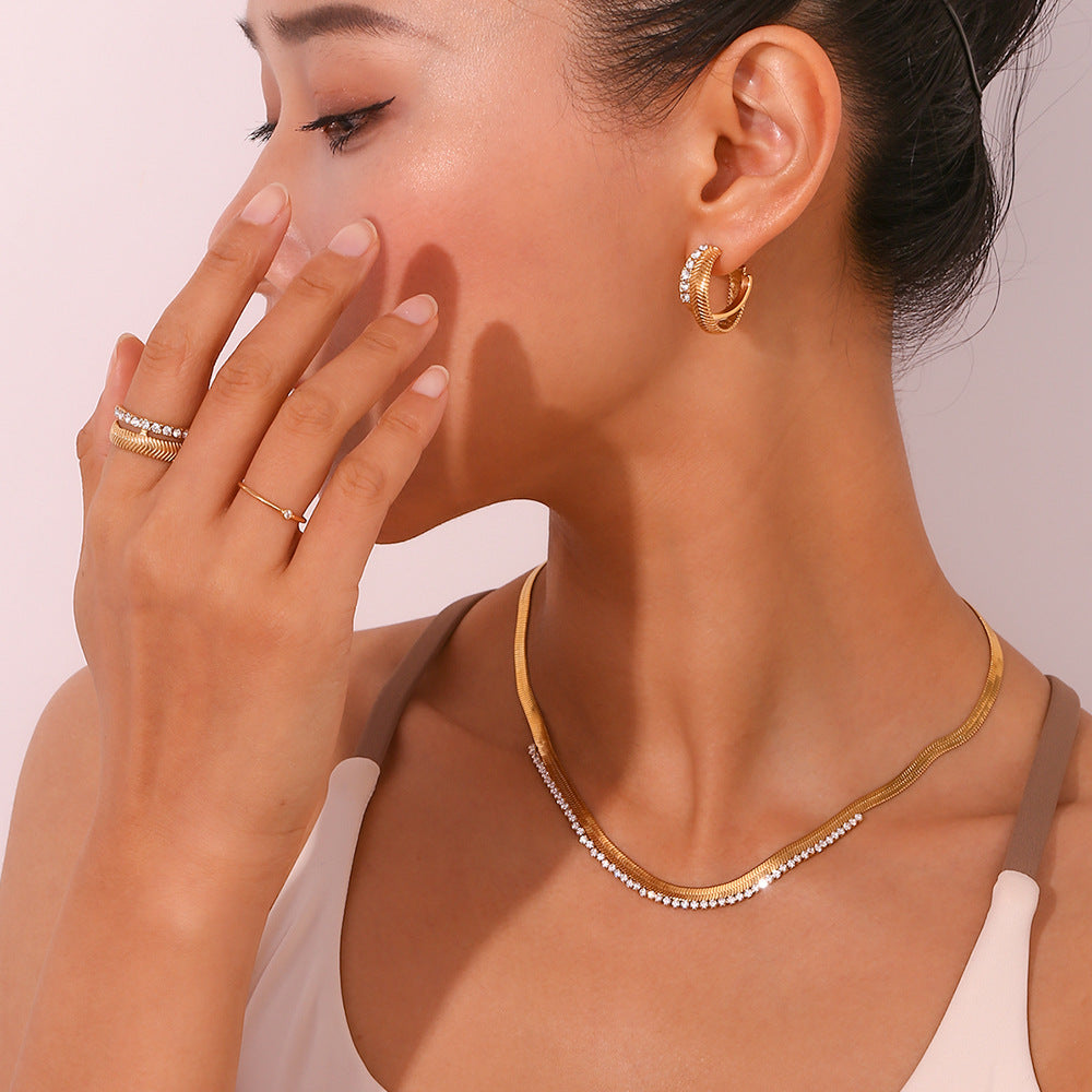 Minimalist Geometric Stainless Steel Plated 18K Gold Fishbone Texture Necklace Set with Ring and Earrings for Women