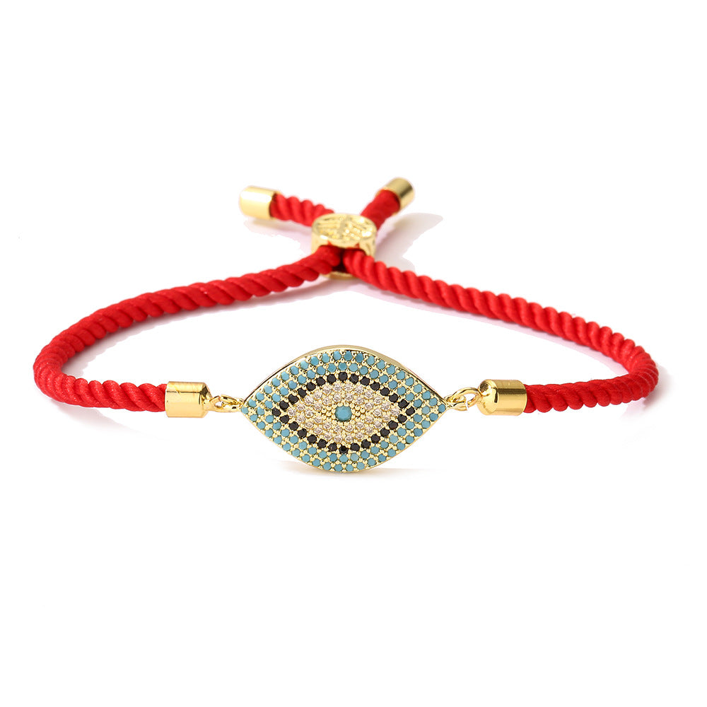 Geometric Evil Eye Rhinestone Micro-Paved Copper Bracelet for Women with Red Cord