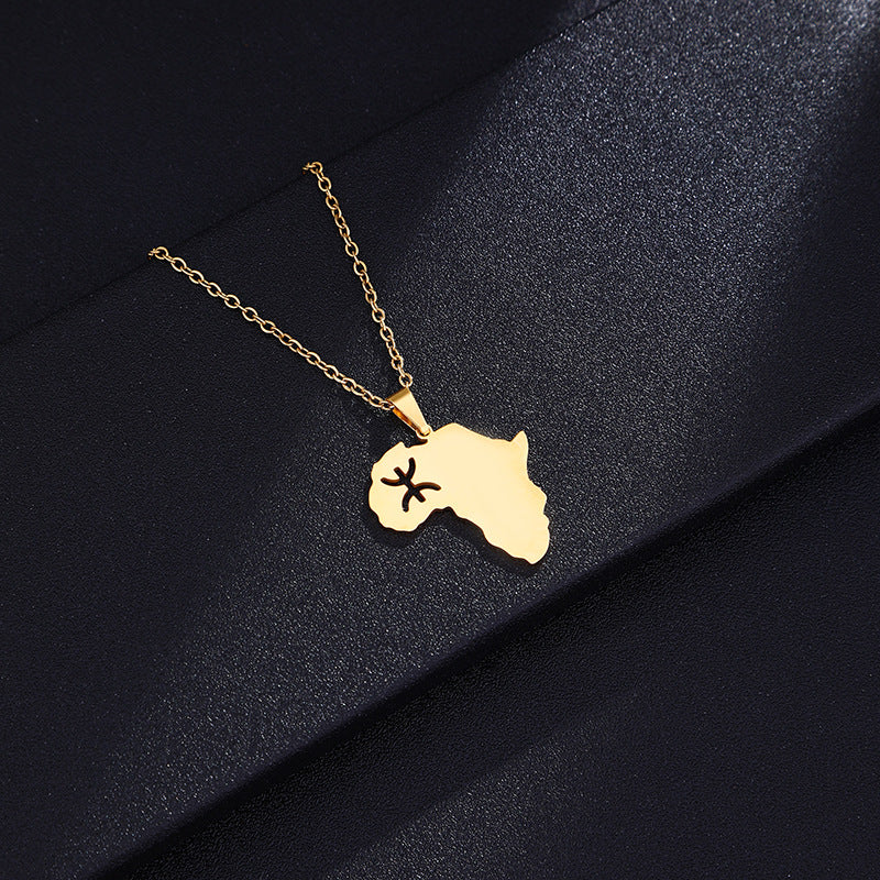 Collar con Colgante de Mapa Geométrico Africano Estilo Tribal Bereber en Acero Inoxidable con Acabado Chapado para Unisex