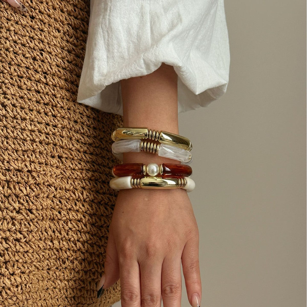 Vintage Geometric Plated Acrylic Beaded Bamboo Joint Cuff Bracelet Set