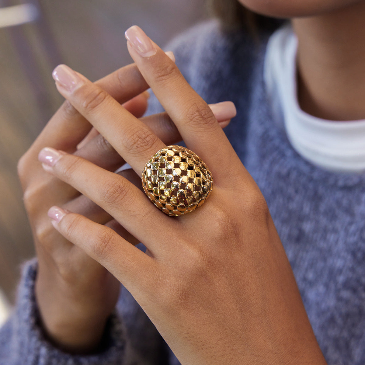 Geometric Hollow Stainless Steel Ring with PVD Gold Plating for Women