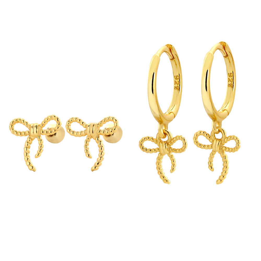 Sweet Minimalist Bow Plated 925 Sterling Silver Screw-Back Hoop Earrings for Women
