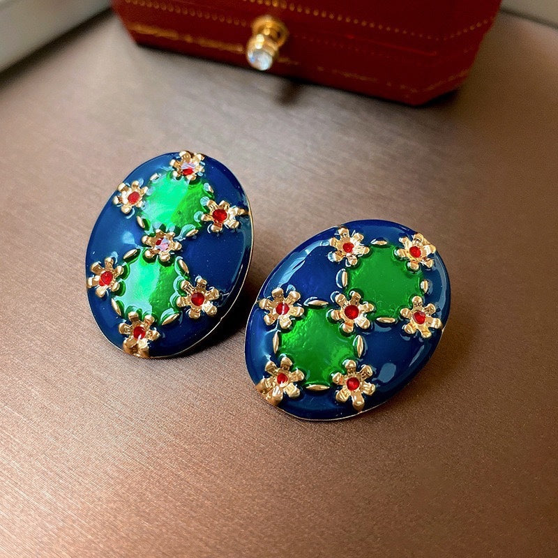Vintage Geometric Stud Earrings in Plated Copper with Steel Posts for Women