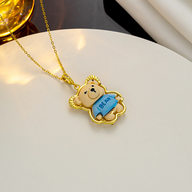 Cartoon Strawberry Bear and Bunny Pendant Necklace in Titanium Steel with Inlay Detail, Cute Animal-Themed Jewelry for Women