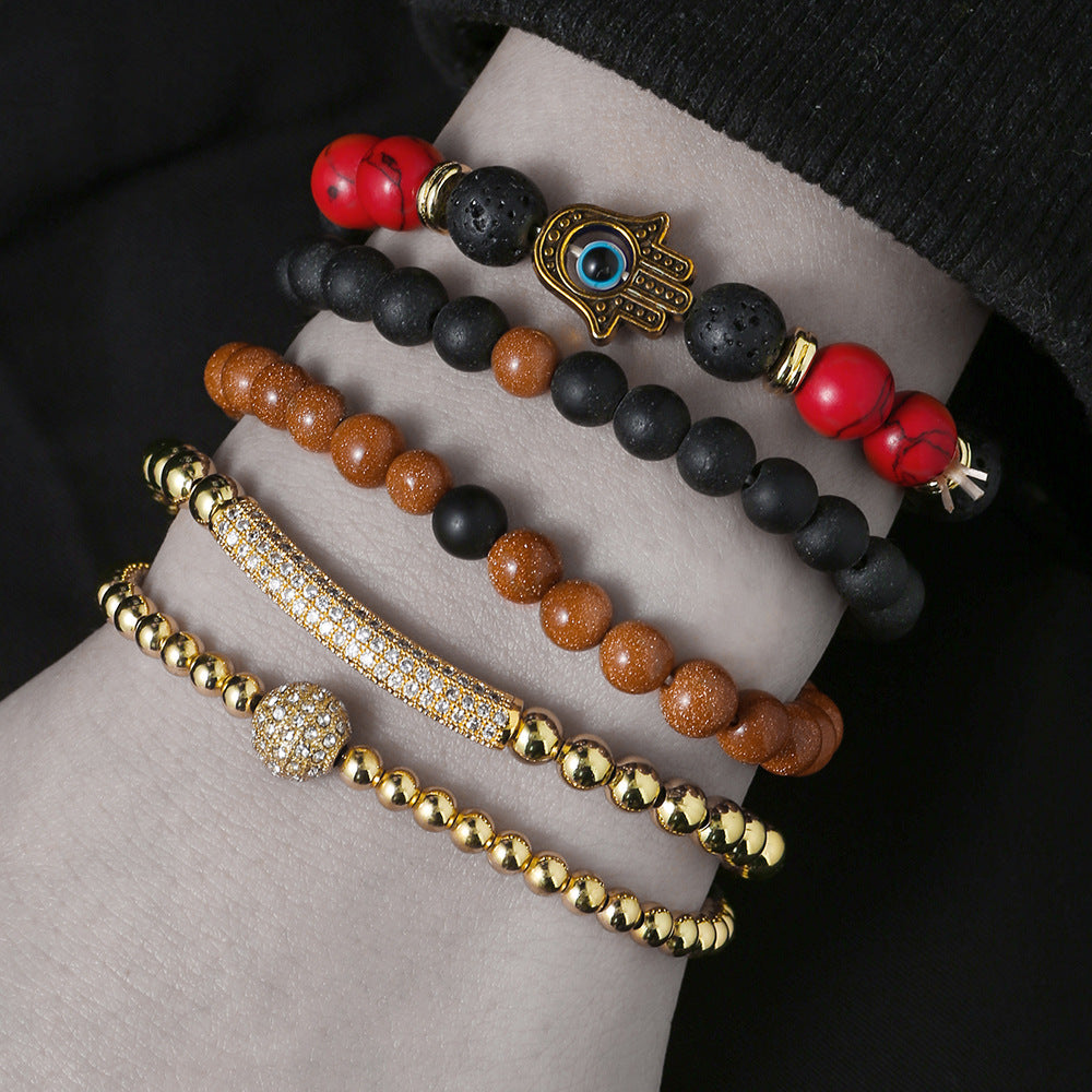 Vintage Geometric Evil Eye Palm Beaded Bracelet Set with Cubic Zirconia and Stone Accents